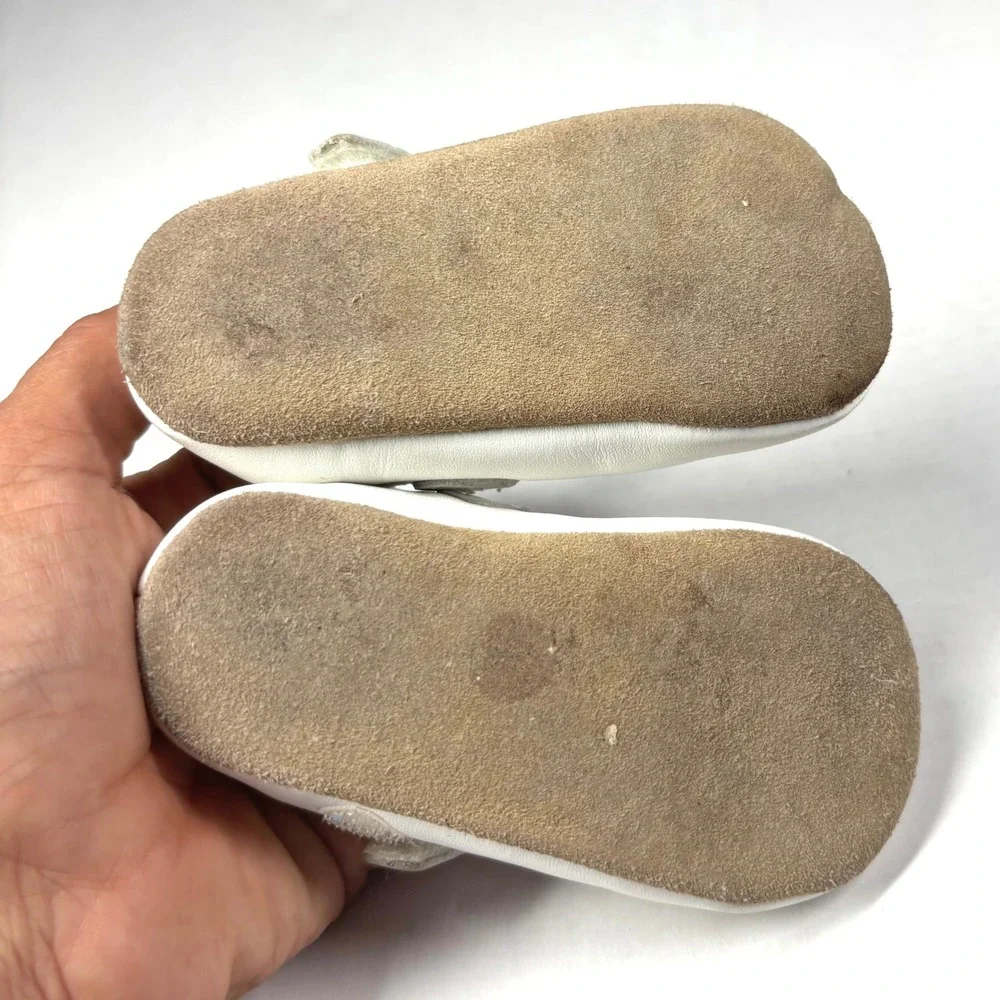 L'Amour White‎ Leather T-Strap Toddler 4 Shoes Gold Glitter Trim 3533 GUC